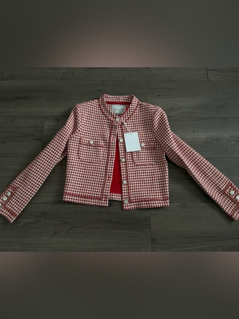 Endless Rose Red and White Houndstooth Blazer with Gold Chain Detail - Picture 1 of 5